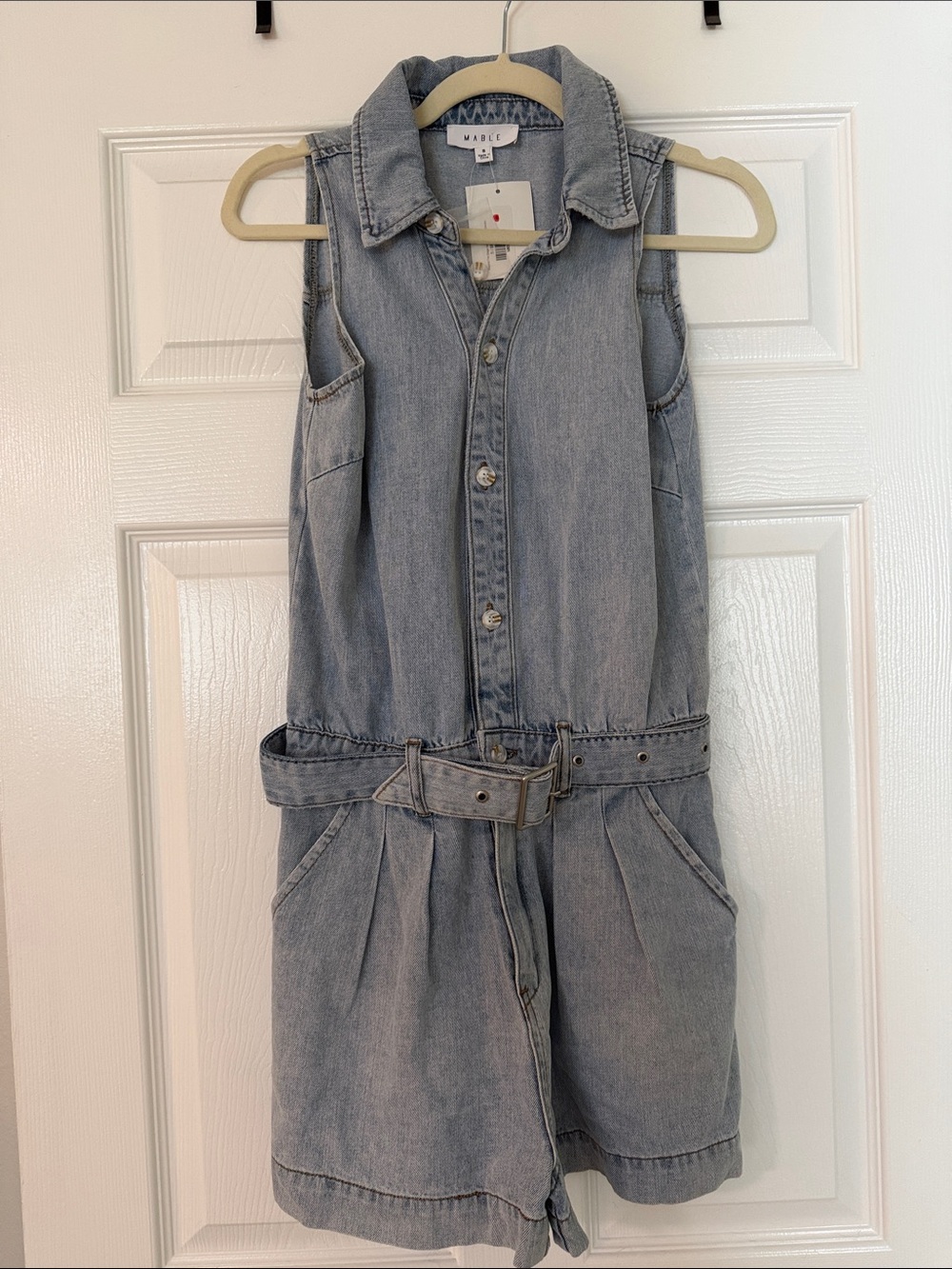 MABLE Light Blue Denim Sleeveless Romper with Belt NWT